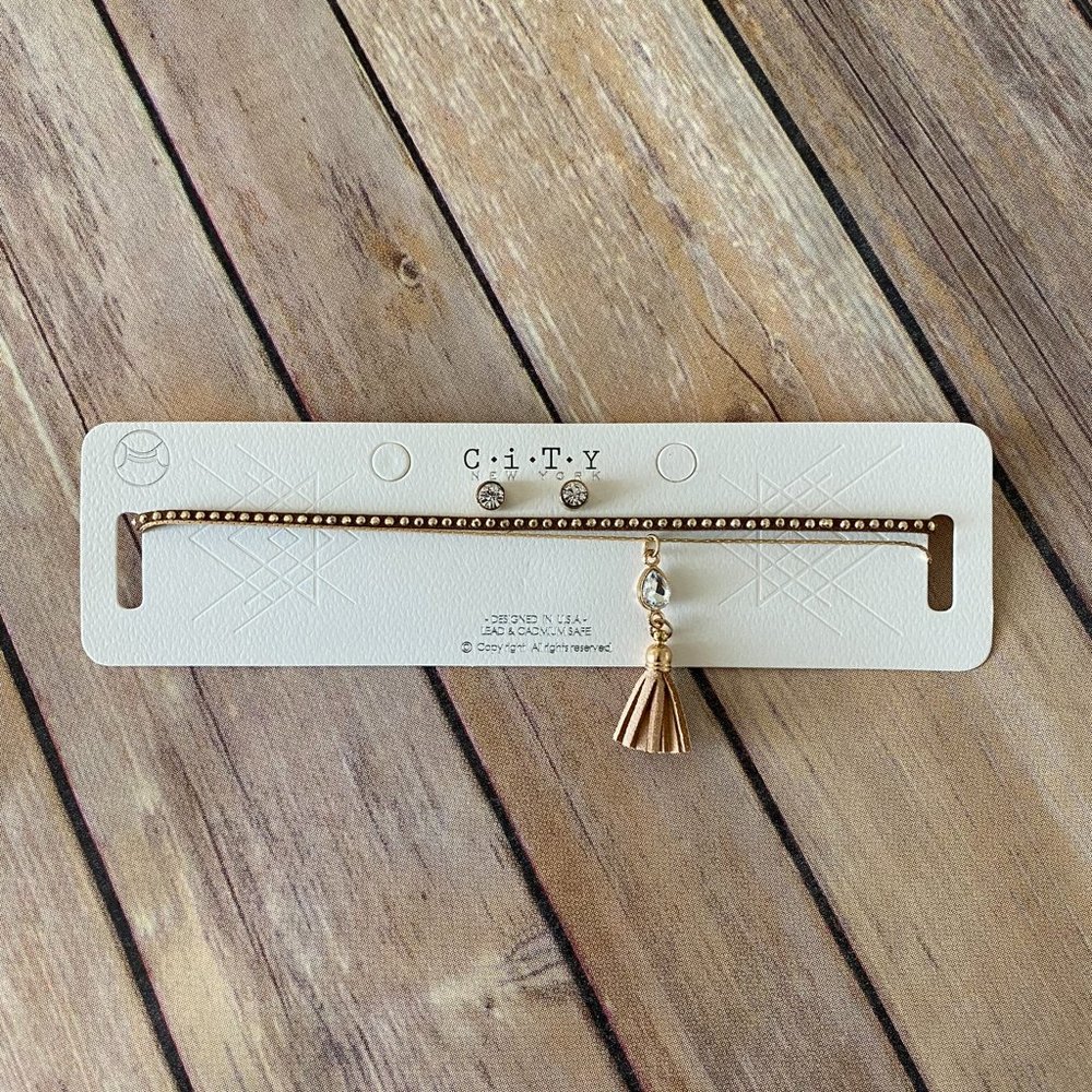 City New York Women's Brown Two Strand Choker Necklace & Earring Set Gold Studs